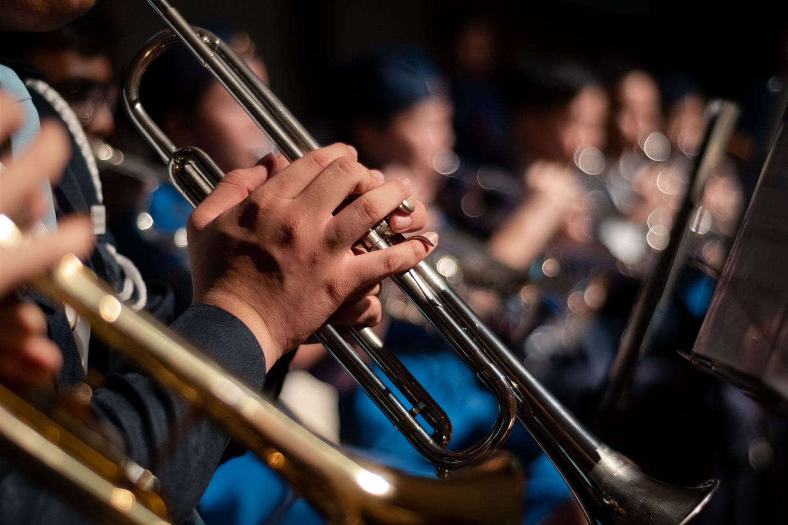 Detailliertes Bild von Musikern mit Trompeten während einer Aufführung, das musikalisches Handwerk hervorhebt.
